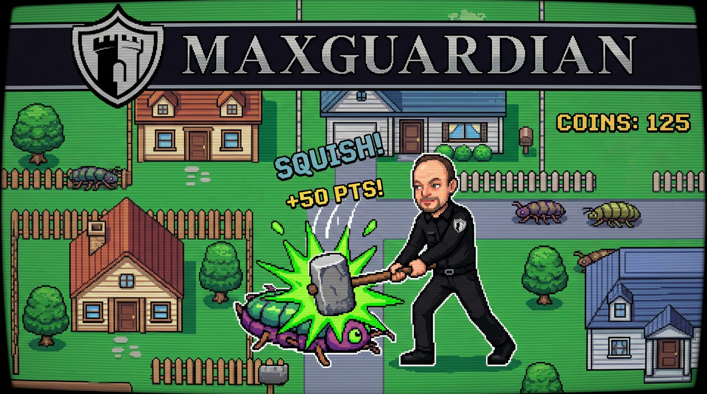 Maxguardian retro game — Alex squashing pests in the Coachella Valley